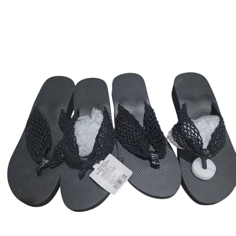 Womens 2 pair bundle black fishnets wedge platform sandals womens 9-10 by Sun &S